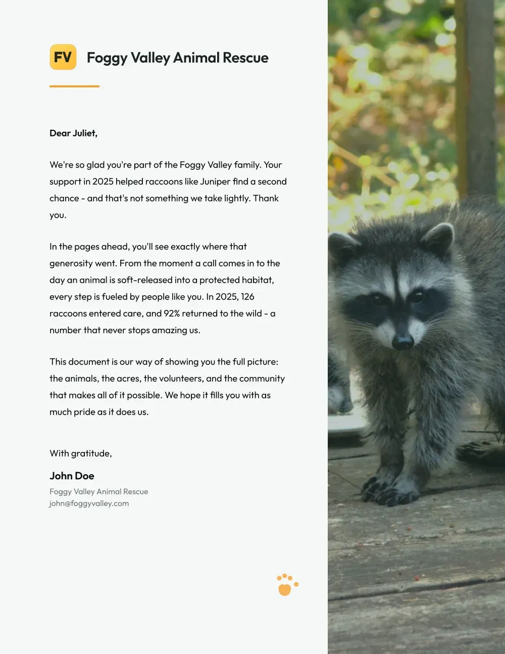 Dear Juliet, a made-up donor example in a Dreamimpact™ impact report